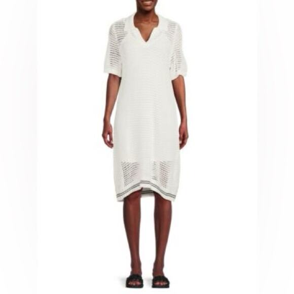 bobeau Dresses & Skirts - Bobeau Knit Shift Shirt Dress Open Weave in White Size Small